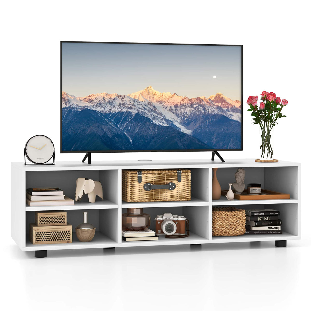 Gymax - TV Cabinet for 50-Inch TV 42'' TV Stand w/ 3 Adjustable Shelves Grommet & Cable Hole - White