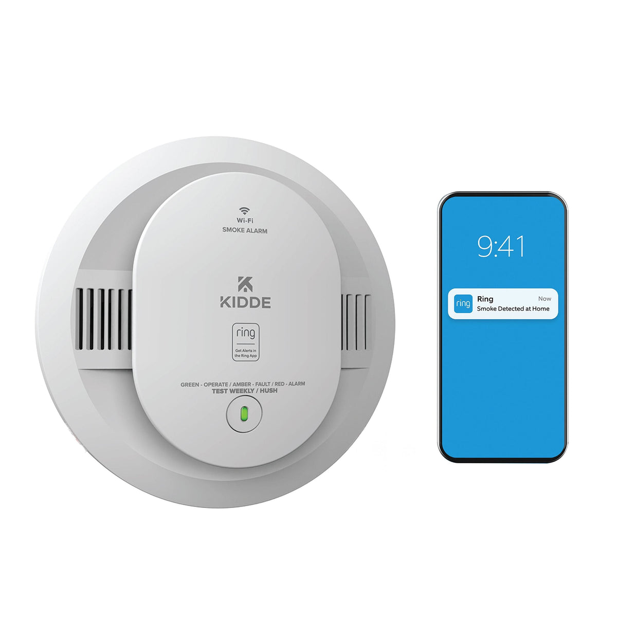 Kidde - Battery Powered Ring App Enabled Smart Smoke Detector, Voice Alerts, Wire-Free Interconnect Alarm - White