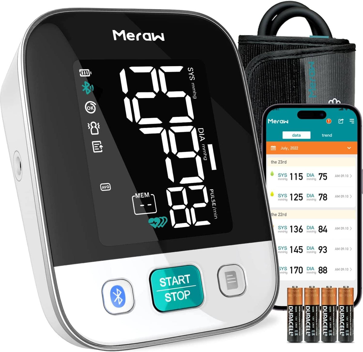 Meraw - Cedar Blood Pressure Monitor, Automatic Cuff 8.7-16.5" Bluetooth App Tracking Irregular Heartbeat, FSA/HSA - White