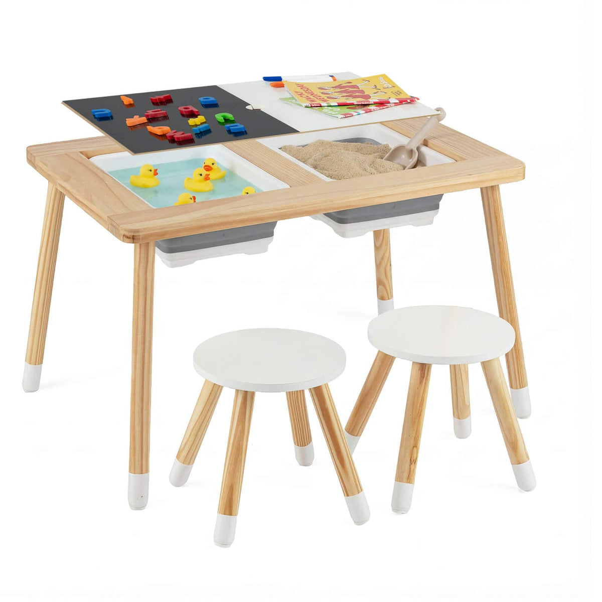Costway - Sensory Table with 2 Stools, Detachable Double-Sided Tabletops & 2 Storage Bins - Natural,White,Black