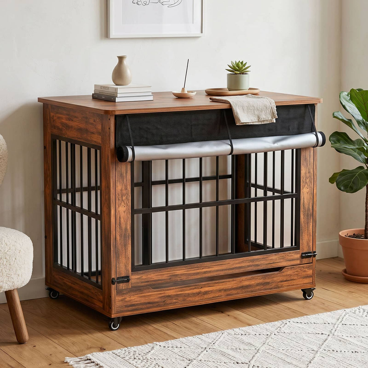 Anysun - 46" Wooden Dog Crate Furniture, Double Door Indoor Kennel, Decorative Pet Cage End Table w/ Wheels, for Extra Large Dogs
