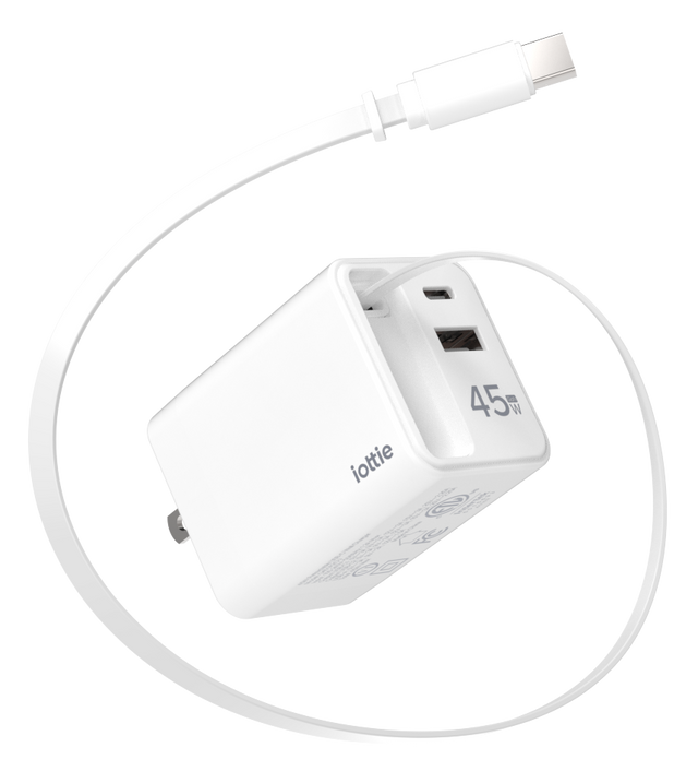 Front. iOttie - Basix by iOttie 45W GaN Wall Charger with Built-in Retractable USB-C Cable, Extra USB-C Port, Dual-Device Fast Charge - White.