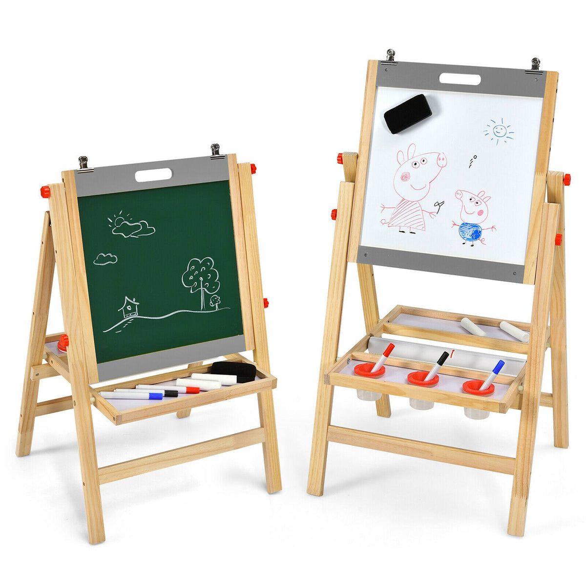 Costway - Kids Art Easel w/ Whiteboard & Paper Roll Double Sided Chalkboard - Nature, Grey