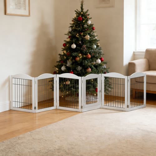 Winado - 122x24in Freestanding Pet Dog Gate with Walk Through Door Foldable Pet Safety Fence for Indoor Stairs Doorways Fireplace - White