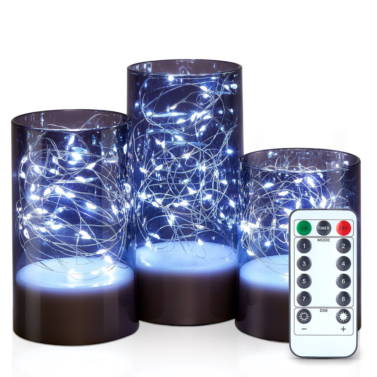 IMAGE - 3 PCS Acrylic Shell Pillar LED Flameless Candles with 13-Key Remote Timer, Grey - Gray