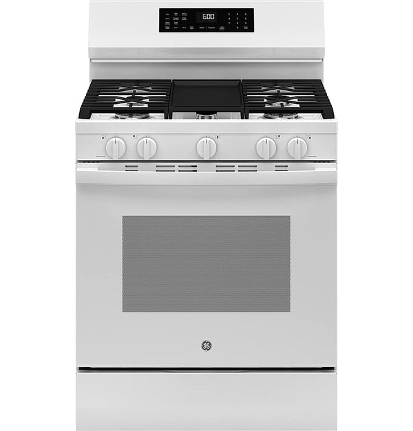 GE - 30 in. Wide 5 Burners 5.3 Cu. Ft. Freestanding Gas Convection Range with Steam Cleaning and EasyWash Oven Tray - White