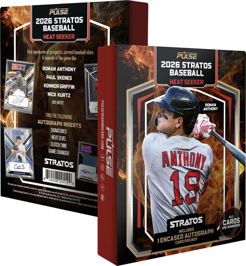 PULSE 2026 STRATOS BASEBALL HEAT SEEKER

Find signatures of prospects, current baseball stars & legends of the game like:

- NEXT LEVEL ROMAN ANTHONY
- ST PAUL SKENES
- KONNOR GRIFFIN
- NICK KURTZ
- AND MORE!

PAA - FIND THE FOLLOWING AUTOGRAPH INSERTS:
- GLITCH TIME SIGNATURES
- NEXT LEVEL
- CLUTCH TIME
- GAME CHANGER

STRATOS 8
KEVIN MCGONIGLE
10208 29119

All cards are inserted randomly across the entire production run and should not be considered guaranteed in any individual box. Pulse Trading Cards is 