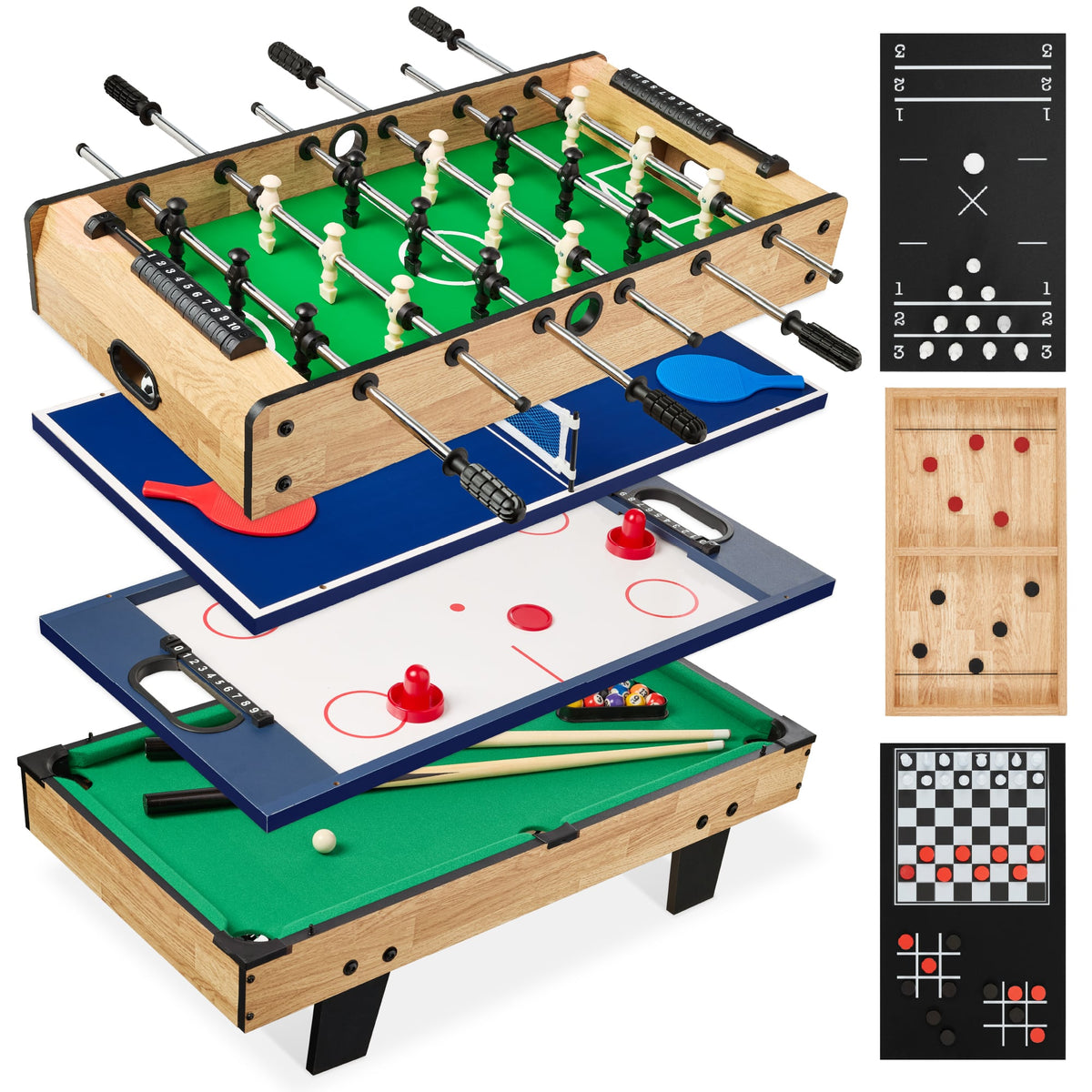 Best Choice Products - 11-in-1 Kids Combo Game Set w/ Ping Pong, Foosball, Air Hockey, 5 Accessory Bags - Light Brown