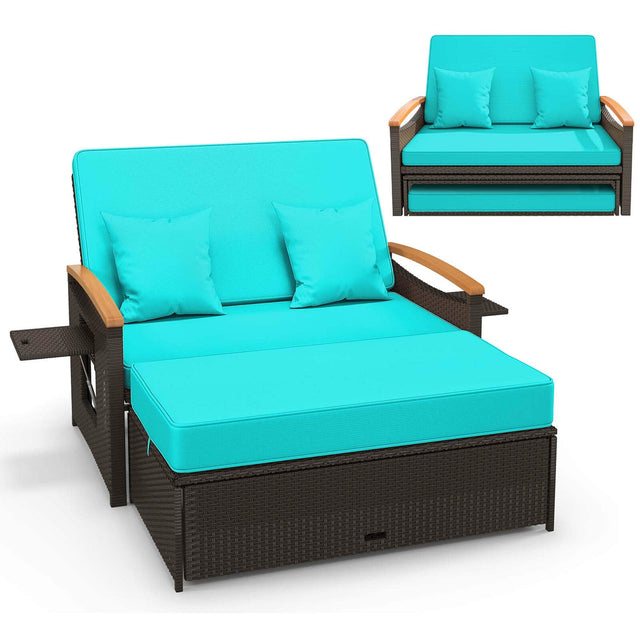 Front. Costway - Patio Rattan Daybed Set with Cushioned Loveseat & Storage Ottoman for Porch - Turquoise + Mix Brown.