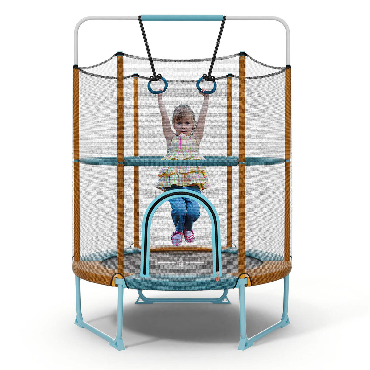 Gymax - 60'' Trampoline for Kids w/ Gymnastic Bar Rings Foamed Handle No Gap Design Blue & Orange - Blue, Orange