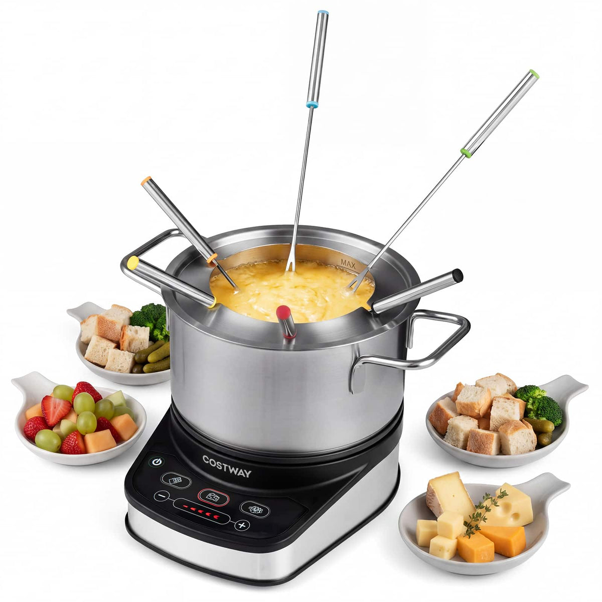 Costway - Electric Fondue Pot Set 1200W Fondue Maker with 3 L Removable Stainless Steel Pot - Silver + Black