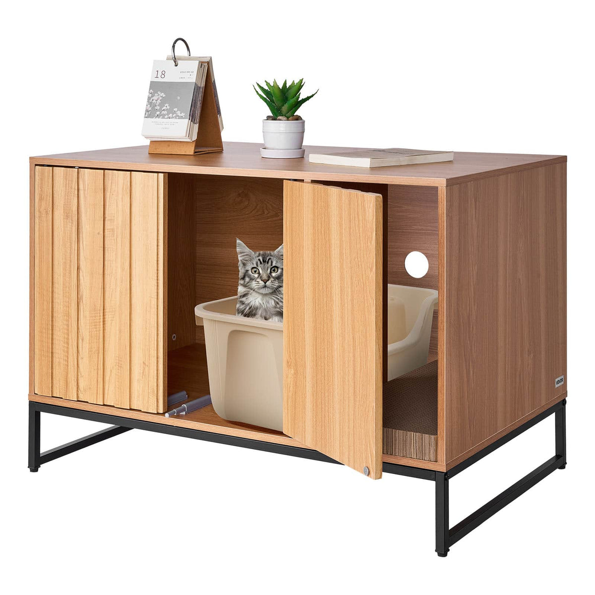 VEVOR - Cat Litter Box Enclosure Furniture, 31.5in Hidden Litter Box Cabinet with Scratch Pad & Storage, Waterproof Cat Washroom - Natural wood color