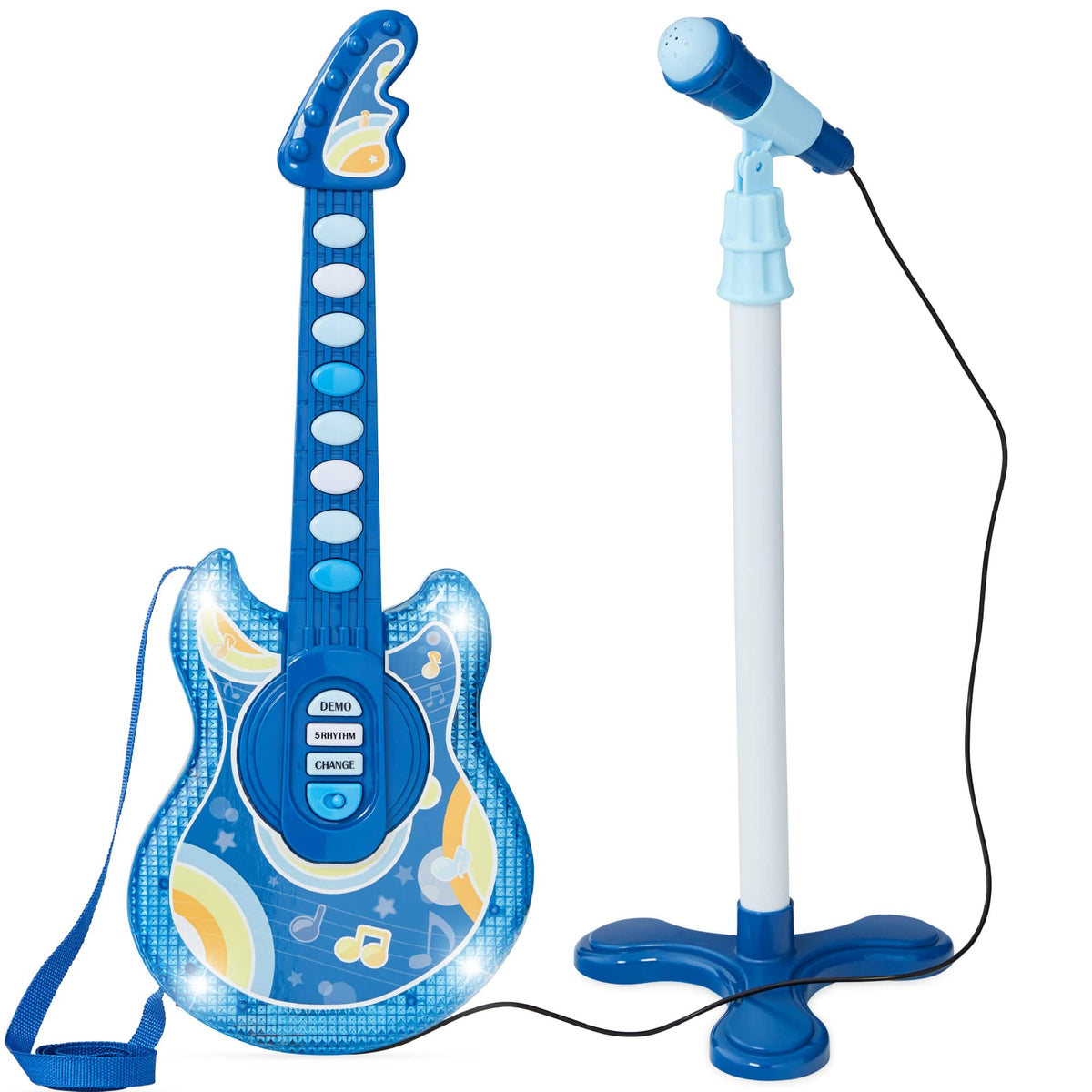 Best Choice Products - 19in Kids Flash Guitar, Pretend Play Musical Instrument Toy for Toddlers w/ Mic, Stand - Soft Blue