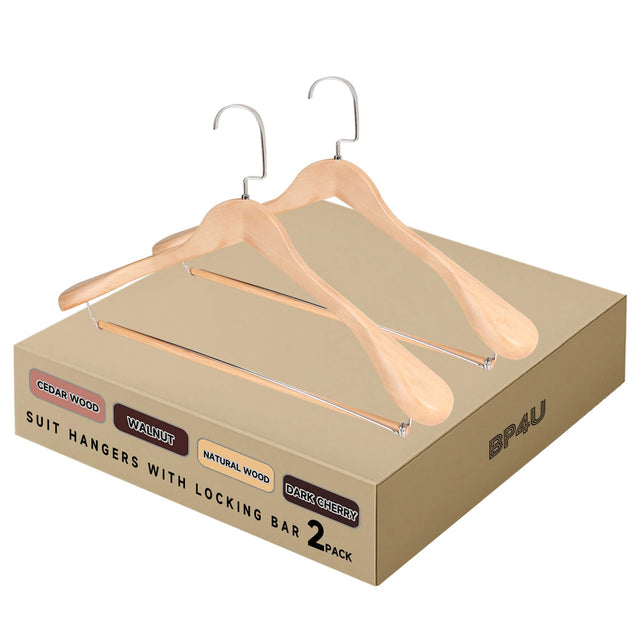CEDAR WOOD SUIT HANGERS WITH LOCKING BAR 2 PACK BP4U  
WALNUT NATURAL WOOD DARK CHERRY