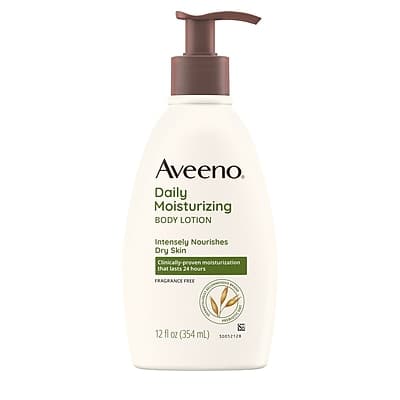 Aveeno  
Daily Moisturizing Body Lotion  
Intensely Nourishes Dry Skin  
Clinically proven moisturization that lasts 24 hours  
Fragrance Free  
12 fl oz (354 mL)  
0052128