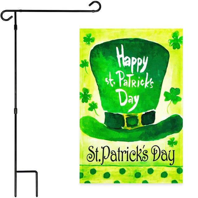 G128 - 36 x 16 in Garden Flag Stand with 12 x 18 in St. Patrick's Day Leprechaun Hat Flag - Assorted Colors