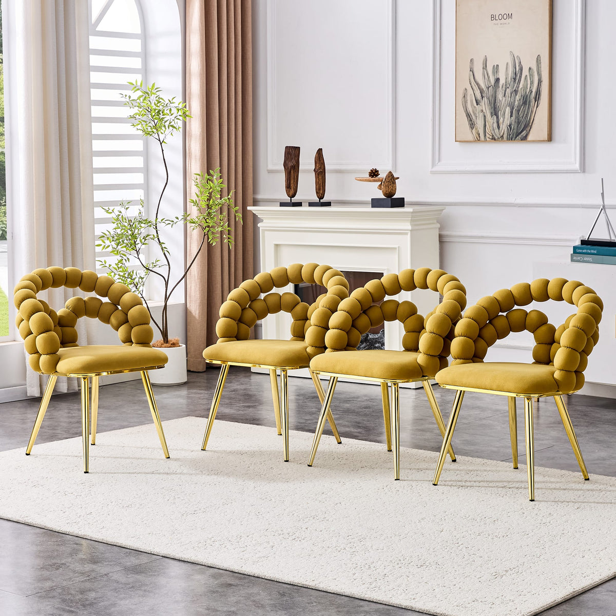 Loheer - Set of 4 Dining Chairs Yellow Velvet Bubble Back Accent Chairs with Gold Legs for Dining Room Kitchen 1.92 ft - Gold,Yellow