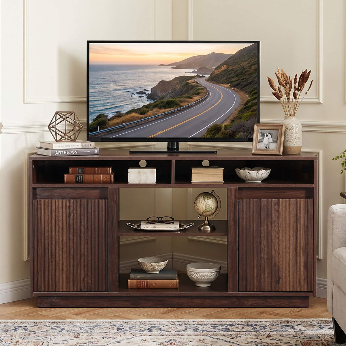 Ihomeadore - 47" Mid-Century Modern Fluted Corner TV Stand Media Console with Storage Shelves and Cable Management for TVs up to 55" - Dark brown