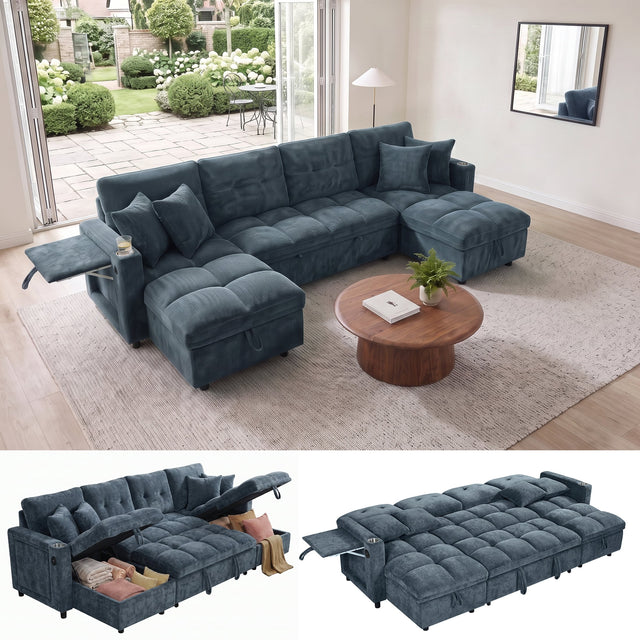Front. Anysun - U-Shaped Oversized Sleeper Sofa, Sectional Sleeper with Double Storage Chaise for Living Room – Chenille Fabric Couch - Blue.