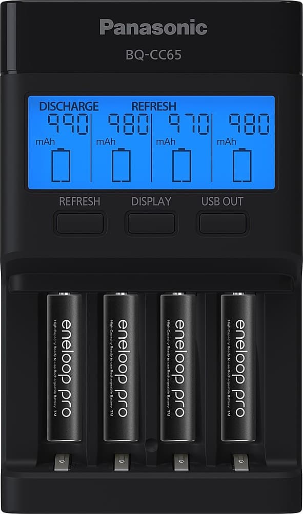 Front. Panasonic - Eneloop Rechargeable AAA Batteries 4-Pack with 4-Position Quick Charger - Black.
