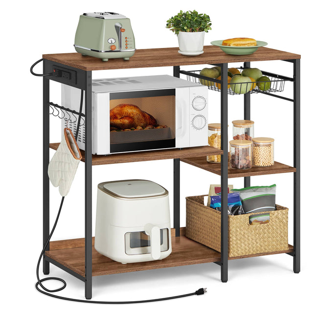 Front. Songmics Home - Baker's Rack, Coffee Bar Stand with Charging Station, Storage Shelves, Pull-Out Wire Basket, Table for Microwave - Rustic Walnut.