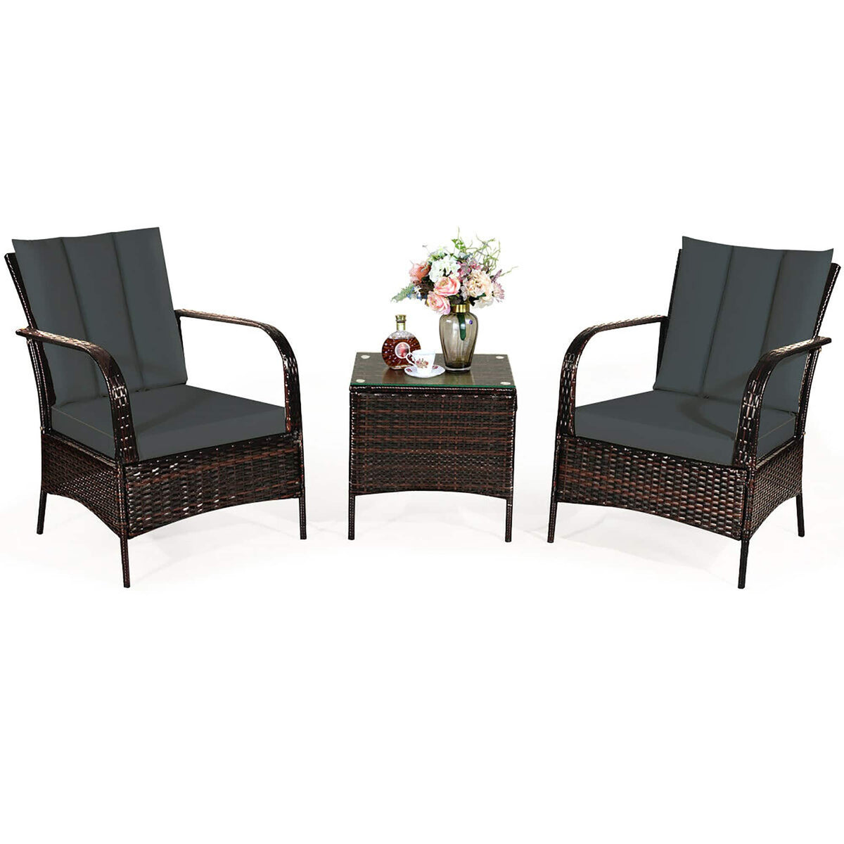 Costway - 3 PCS Patio Wicker Rattan Furniture Set Coffee Table & 2 Rattan Chair W/Cushions - Dark Gray