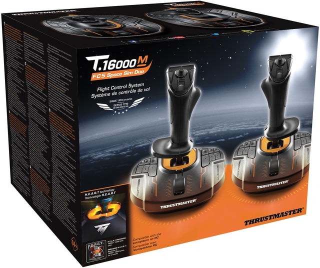 T.16000M FCS Space Sim Duo  
Flight Control System  
Système de contrôle de vol  
SINCE 1990  
DEPUIS 1990  

GM H.E.A.R.T technology  
Technologie H.E.A.R.T  

Compatible PC  
Compatible PC  

Ecosystem  
L'ecosystème  

THRUSTMASTER