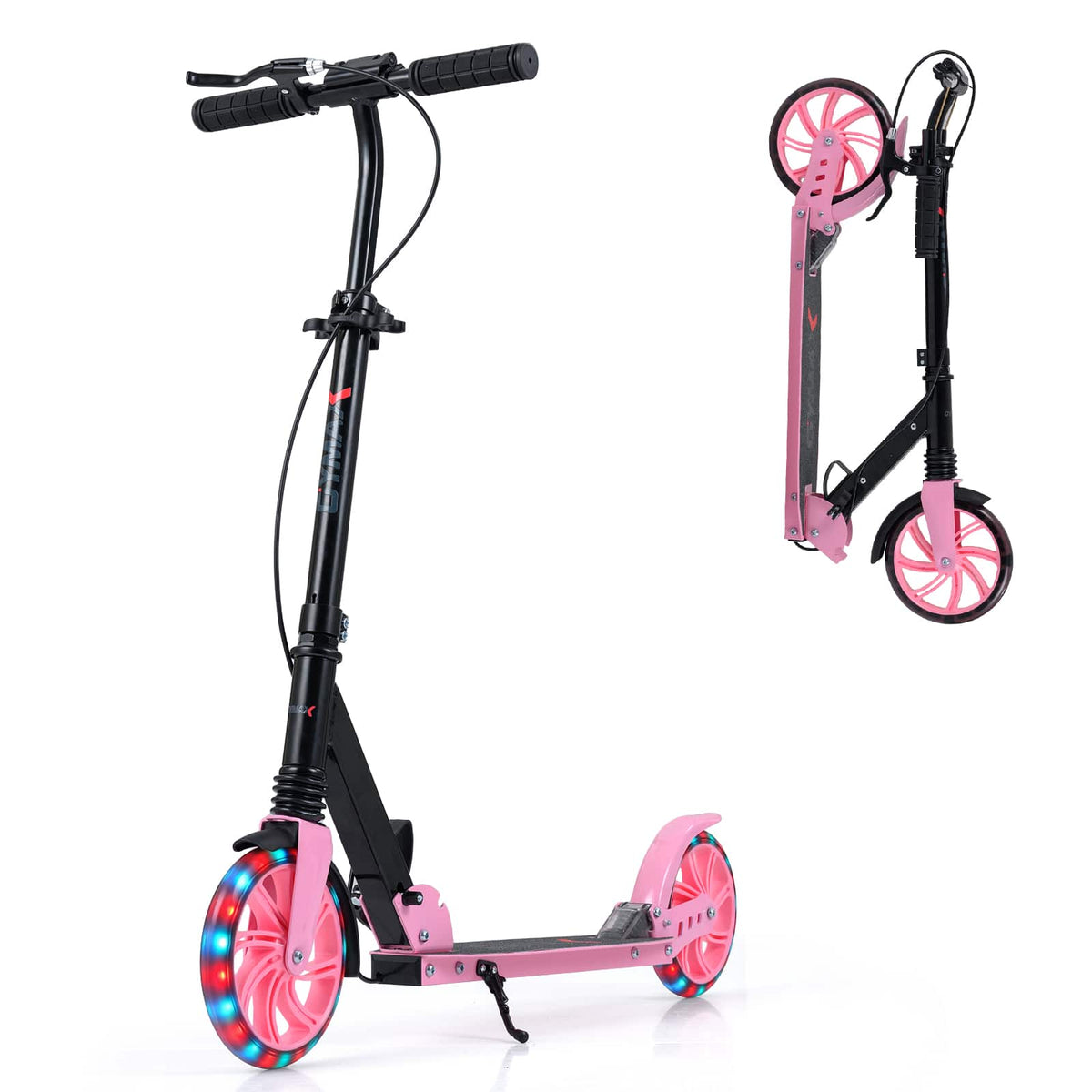 Costway - Kick Scooter for Kids Teens Adults Age 8+, Foldable Scooter with Light-up Wheels - Pink