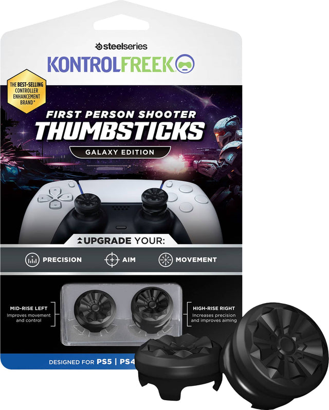 steelseries KONTROLFREEK THE BEST-SELLING CONTROLLER ENHANCEMENT BRAND* FIRST PERSON SHOOTER THUMBSTICKS GALAXY EDITION UPGRADE YOUR: 

1. PRECISION: Improves movement and control
2. AIM: Increases precision and improves aiming
3. MOVEMENT: High-rise right
4. PRECISION: Mid-rise left

DESIGNED FOR PS5 I PS4