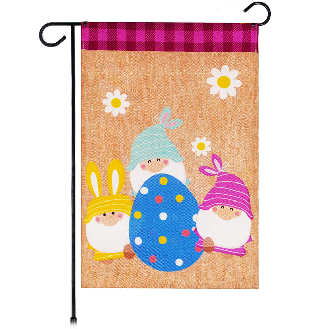 Front. G128 - Garden Flag Three Gnomes with Large Easter Egg 12 x 18 in Burlap Fabric. - Assorted Colors.