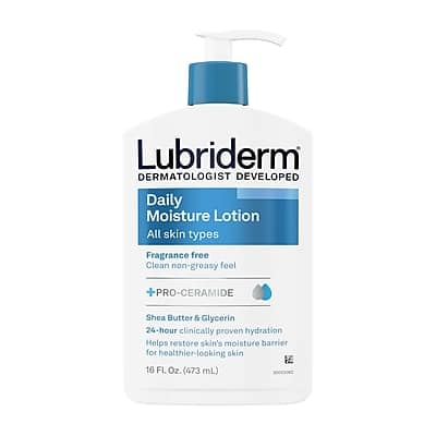 Lubriderm  
DERMATOLOGIST DEVELOPED  

Daily Moisture Lotion  
All skin types  

Fragrance free  
Clean non-greasy feel  

+ PRO-CERAMIDE  
Shea Butter & Glycerin  

24-hour clinically proven hydration  
Helps restore skin's moisture barrier for healthier-looking skin  

16 FL. OZ. (473 mL)