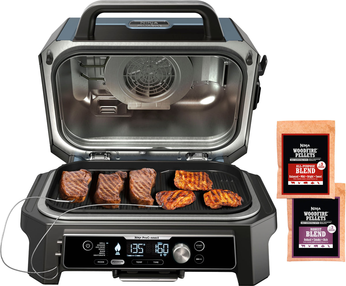Ninja - Woodfire ProConnect Premium XL Outdoor 7-in-1 Grill & Smoker, App Enabled, Air Fryer, 2 Built-In Thermometers - Blue