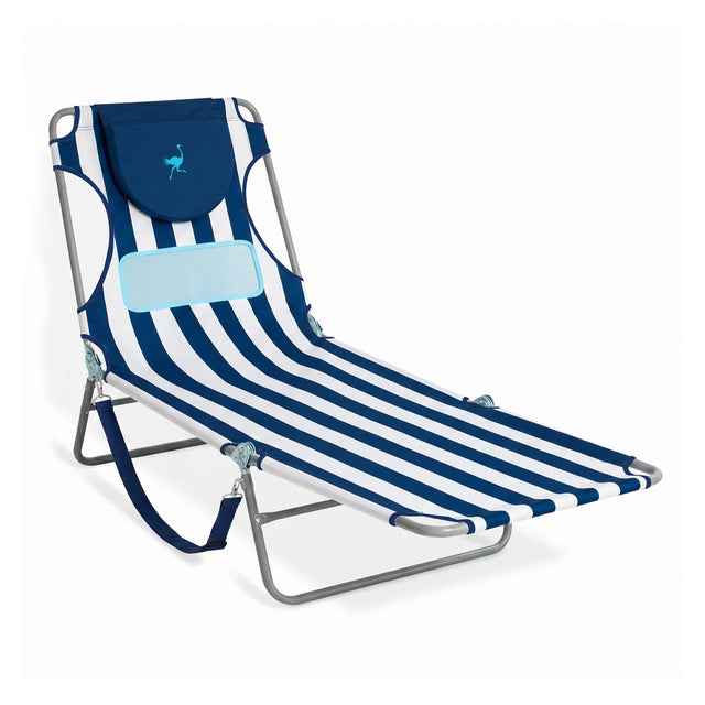 Front. Ostrich - Ostrich The Ladies Comfort Lounger, Foldable Beach Pool Tanning Chair, Stripe - Blue and White Striped.