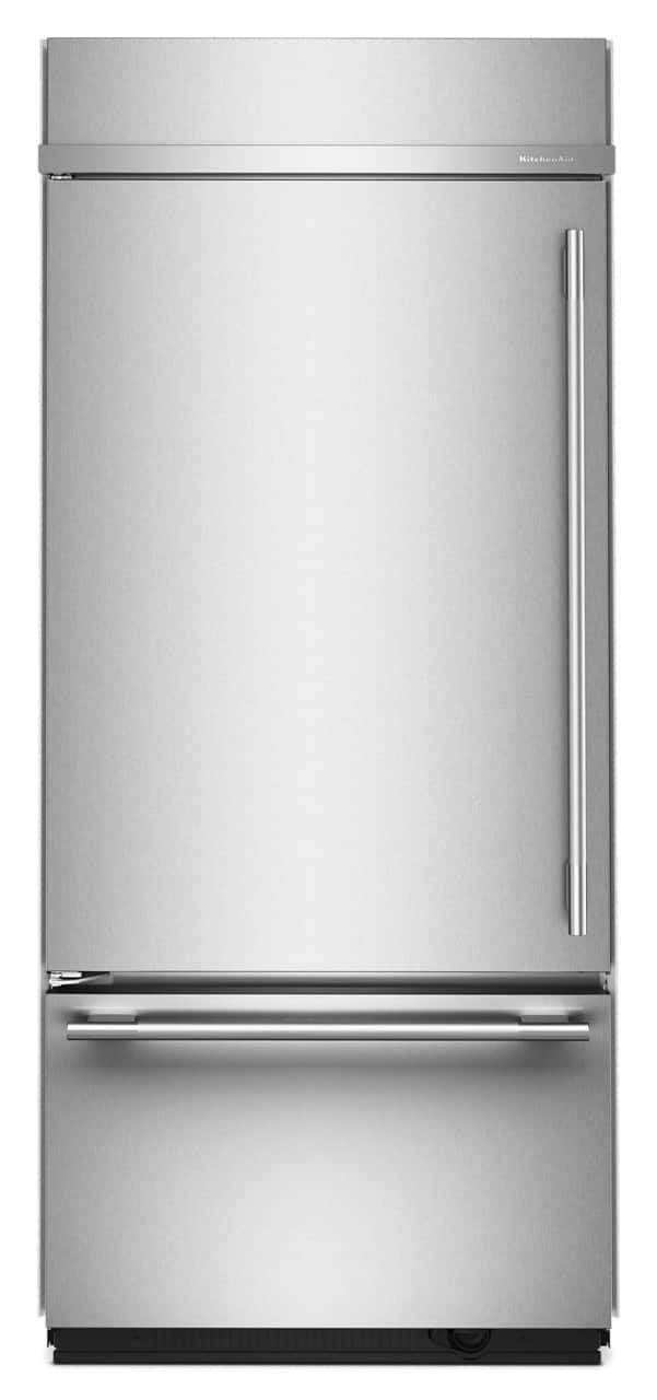 Front. KitchenAid - 36 in. Wide 20.8 cu. ft. Built-In Bottom Mount Refrigerator with Platinum Interior - Stainless Steel with PrintShield Finish.