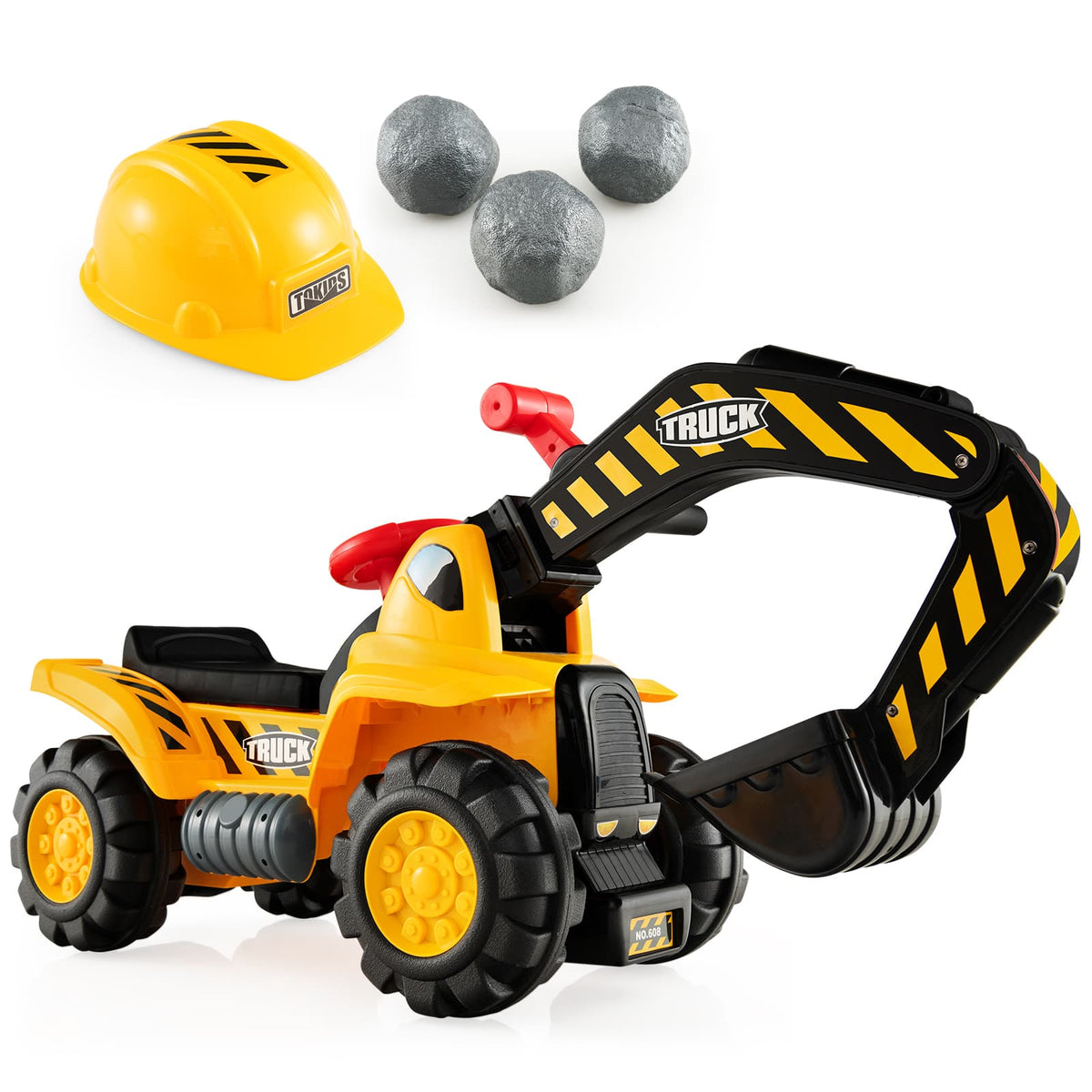 Costway - Kids Toddler Ride On Excavator Digger Truck Scooter Seat Storage w/Sound&Helmet - Yellow