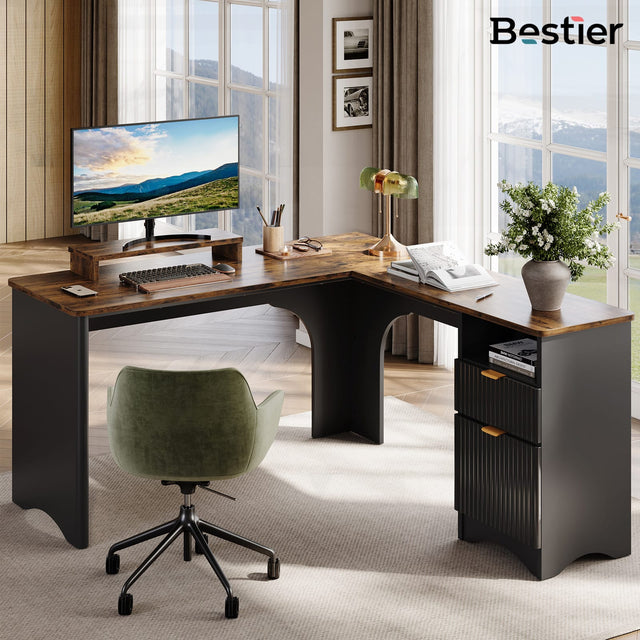 Front. Bestier - 55 Inch L-Shaped Computer Desk with File Drawer and Monitor Stand - Rustic Brown.