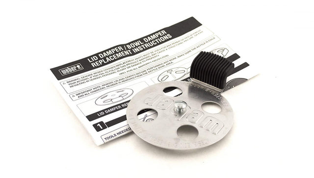 Lid Damper / Bowl Damper Replacement Instructions

Warning: Performing this repair may result in serious injury or damage to property. Follow these instructions carefully to avoid injury.

Important: Remove all charcoal and ash from the kettle before replacing the lid damper. Failure to do so may cause damage to the lid damper or the kettle.

Tools Needed:
1. [Image of a screwdriver]

Lid Damper Replacement Steps:
1. [Illustration of removing the lid damper]
2. [Illustration of installing the new lid damper