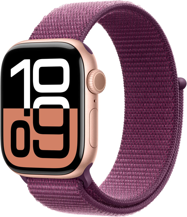 Angle. Apple - Geek Squad Certified Refurbished Apple Watch Series 10 (GPS) 42mm Aluminum Case with Plum Sport Loop - Rose Gold.