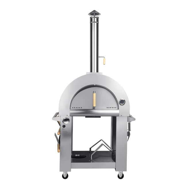 The image shows a stainless steel outdoor pizza oven with a chimney.
