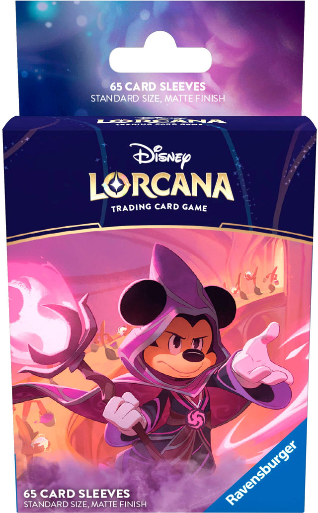 The text on the image reads: "65 Card Sleeves Standard Size, Matte Finish - Disney Lorcana Trading Card Game - Ravensburger."