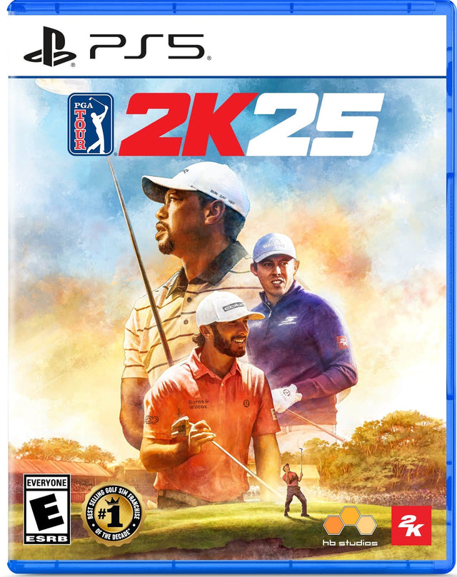 PS5. PGA TOUR 2K25. Ta SUN AINT - warker. Sas. OP Burns fr Wilcox. R2. EVERYONE. ESRB. GOLF SIM. SELLING FRANCHISE. BEST #1 OF THE DECADE. hb studios. 2K
