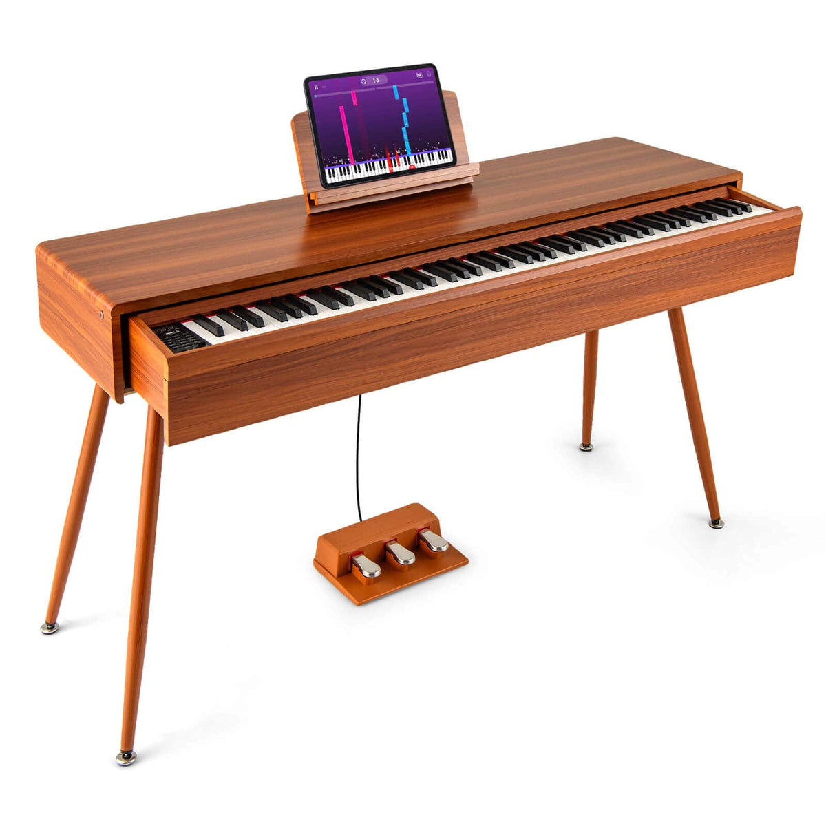 Costway - 88-Key Graded Hammer Action Weighted Keyboard with Push-pull Drawer Record Replay - Brown