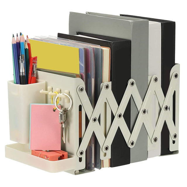 Front. Unique Bargains - Adjustable Book Ends, 6.5" Tall Heavy Duty Metal Adjustable Bookends, with Removable Pen Holder Tray and 3 Hook-up - White.