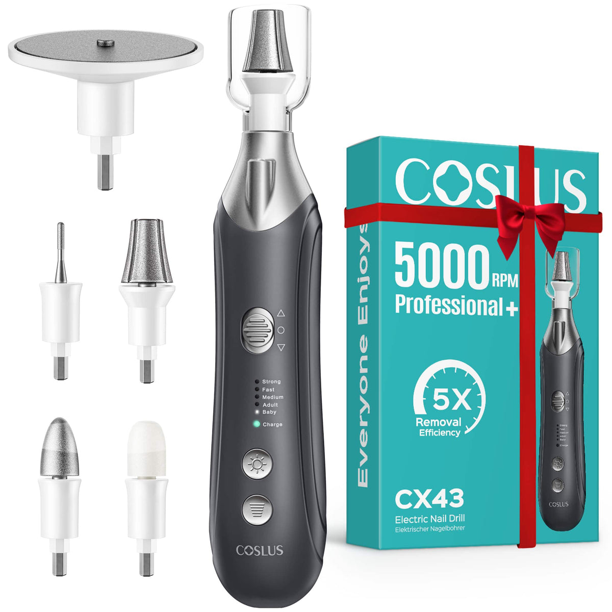 COSLUS - CX43 Electric Nail File, Wider for Thick Nails, Cordless, 5 Speeds, Men/Women/Seniors, Home Salon