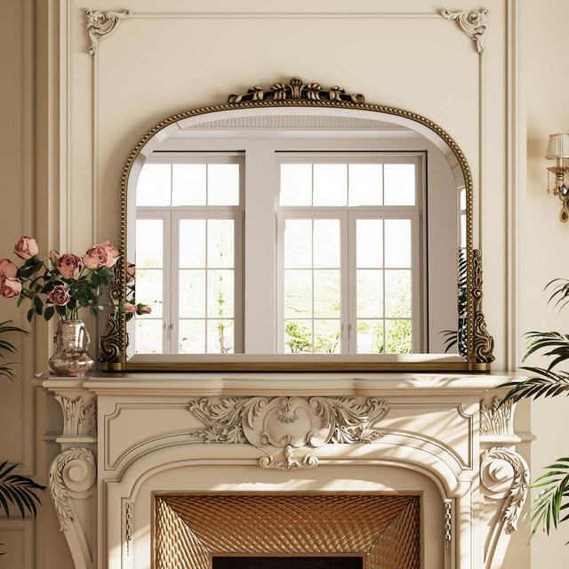 Front. Easly - Antique Bronze 36 in. W x 27 in. H Carved Arched PU Frame Vanity Wall Mirror - Antique Bronze.