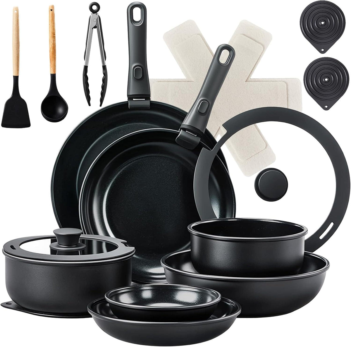 Winado - 23 Pcs Nonstick Pots and Pans Set Cast Aluminum Cookware with Detachable Handles, Glass Lids, Saucepans, Frying Pans New - Black