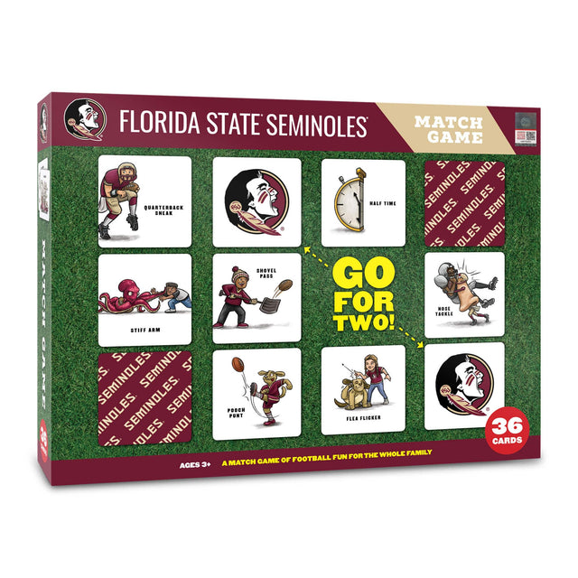 **Florida State Seminoles Match Game**

- **Quarterback Sneak**
- **Stiff Arm**
- **Shovel Pass**
- **Flea Flicker**
- **Porch Pound**
- **Half Time**
- **Horse Tackle**

**Go for Two!**

**36 Cards**

**Ages 3+**

**A Match Game of Football Fun for the Whole Family**