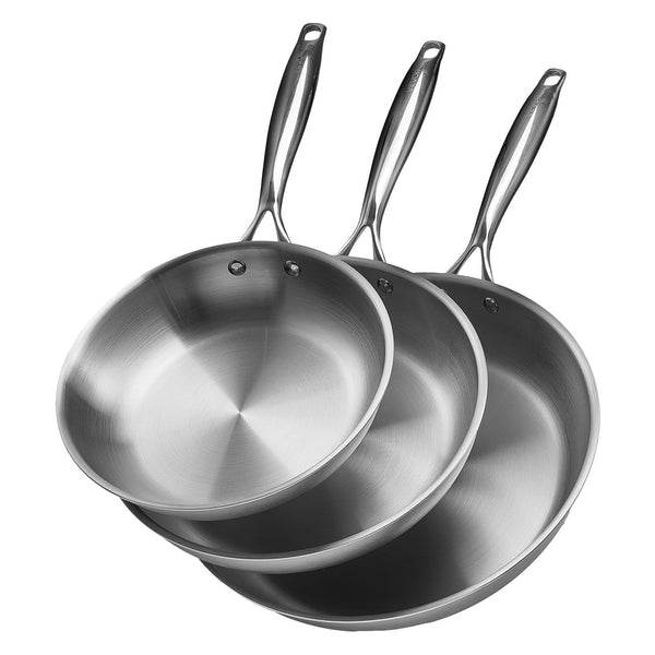 VEVOR - Tri-Ply Stainless Steel Frying Pan Set, 3 Sizes (8, 10, 12 in), Skillet with Heat-Resistant Handle, Versatile Cookware - Silver