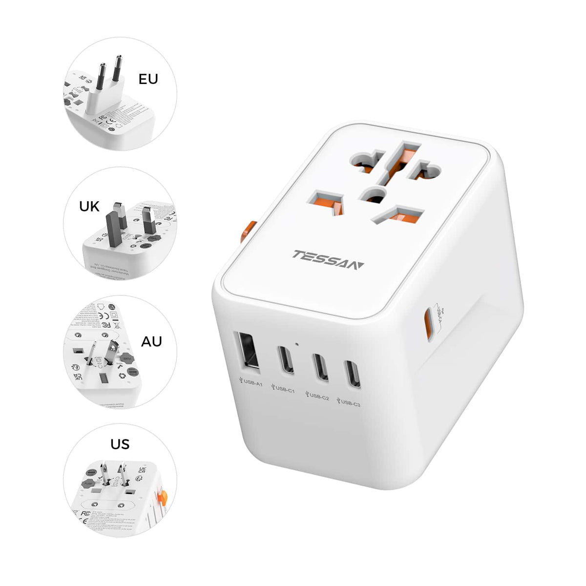 TESSAN - 65W Universal Travel Adapter with 4 USB-C PD Fast Charging &1 USB-A Type C, G, A, I Plug - White