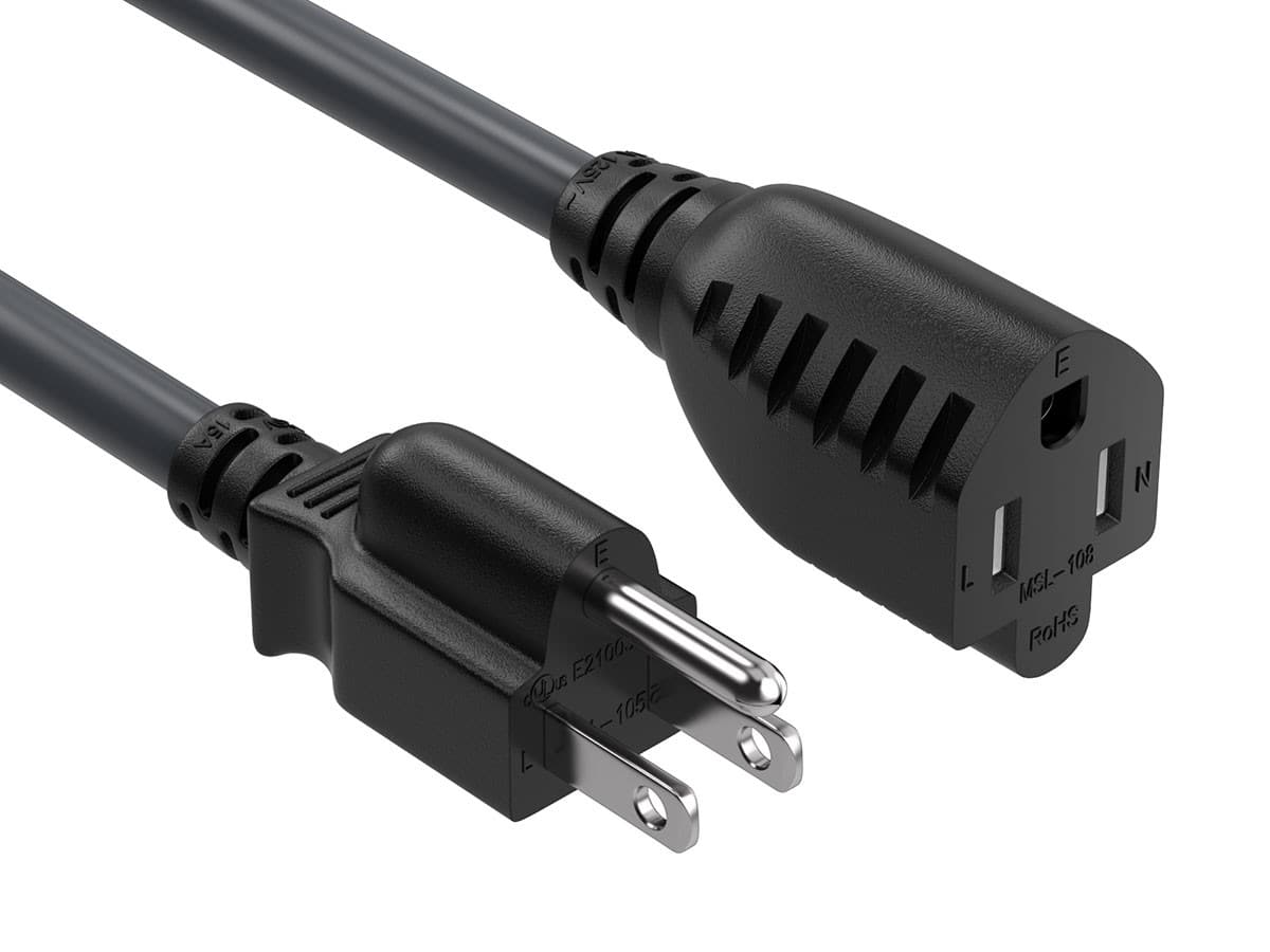 Cable Leader - 14 AWG NEMA 5-15P to NEMA 5-15R Heavy-Duty Power Extension Cord, Grounded 15A/125V for Server, AC, Appliance, UPS - Black